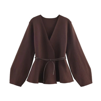 Glow Unbound LLC brown belted V-neck knit cardigan