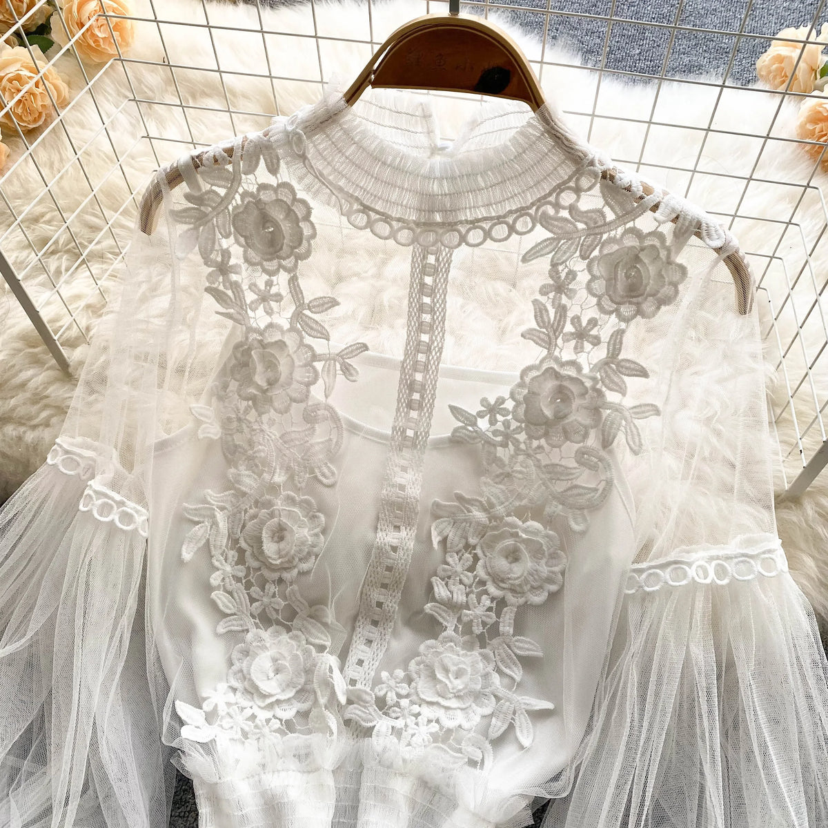 Vintage Lace Puff-Sleeve Blouse 