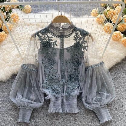 Vintage Lace Puff-Sleeve Blouse 