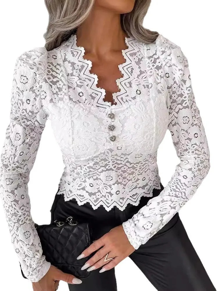 Lace-Trim V-Neck Long-Sleeve Top Slim Fit