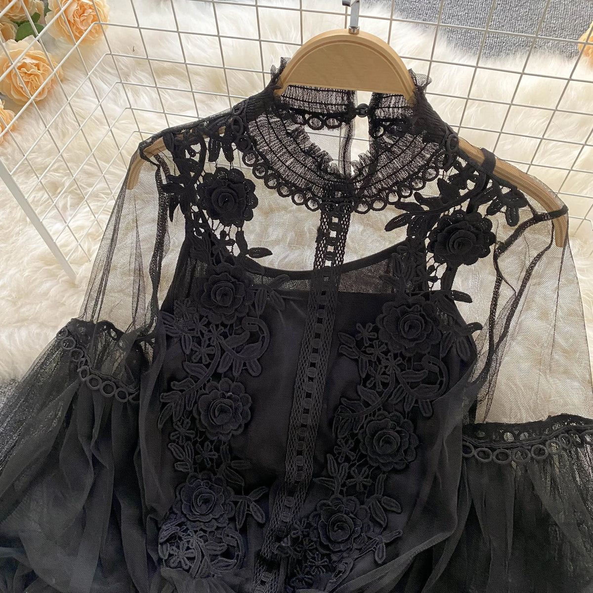 Vintage Lace Puff-Sleeve Blouse 