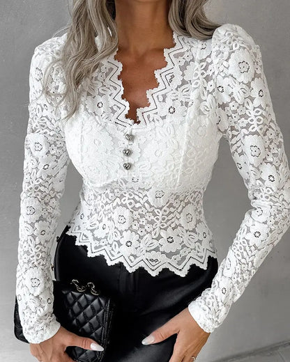 Lace-Trim V-Neck Long-Sleeve Top Slim Fit