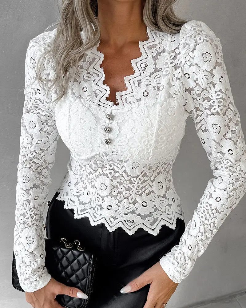 Lace-Trim V-Neck Long-Sleeve Top Slim Fit