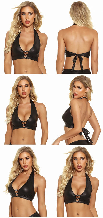 Glow Unbound LLC black faux leather criss-cross bralette