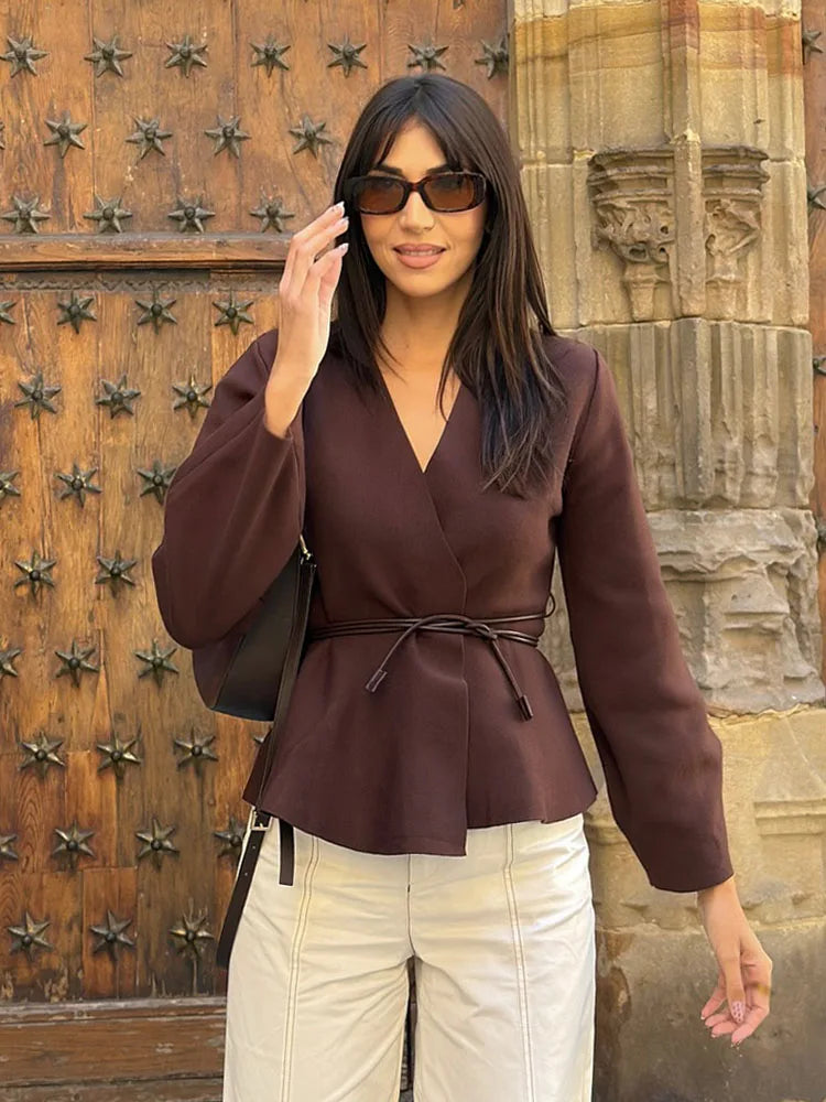 Glow Unbound LLC brown belted V-neck knit cardigan