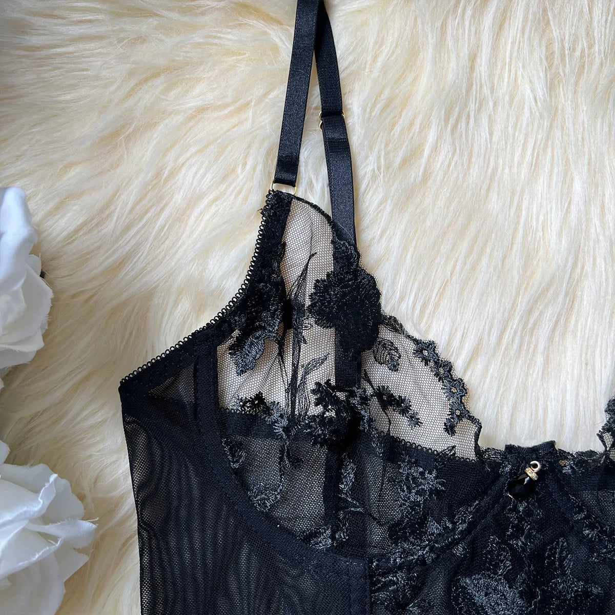 Black Sheer Embroidered Lace Lingerie Set Sizes S to L