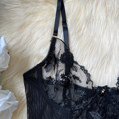 Black Sheer Embroidered Lace Lingerie Set Sizes S to L