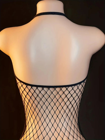 Back view of a mannequin wearing a lace strappy lingerie set one size, showcasing the delicate mesh fabric.