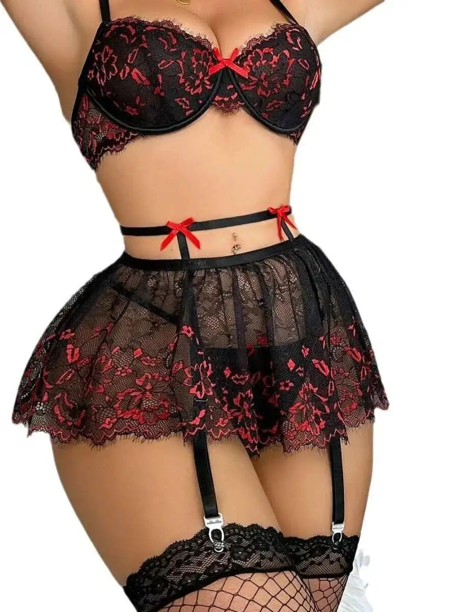 Black Floral Embroidered Mesh Cami &amp; Mini Skirt Set