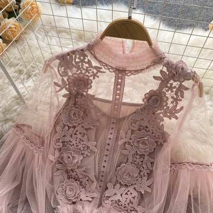 Vintage Lace Puff-Sleeve Blouse 