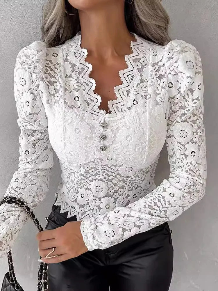 Lace-Trim V-Neck Long-Sleeve Top Slim Fit