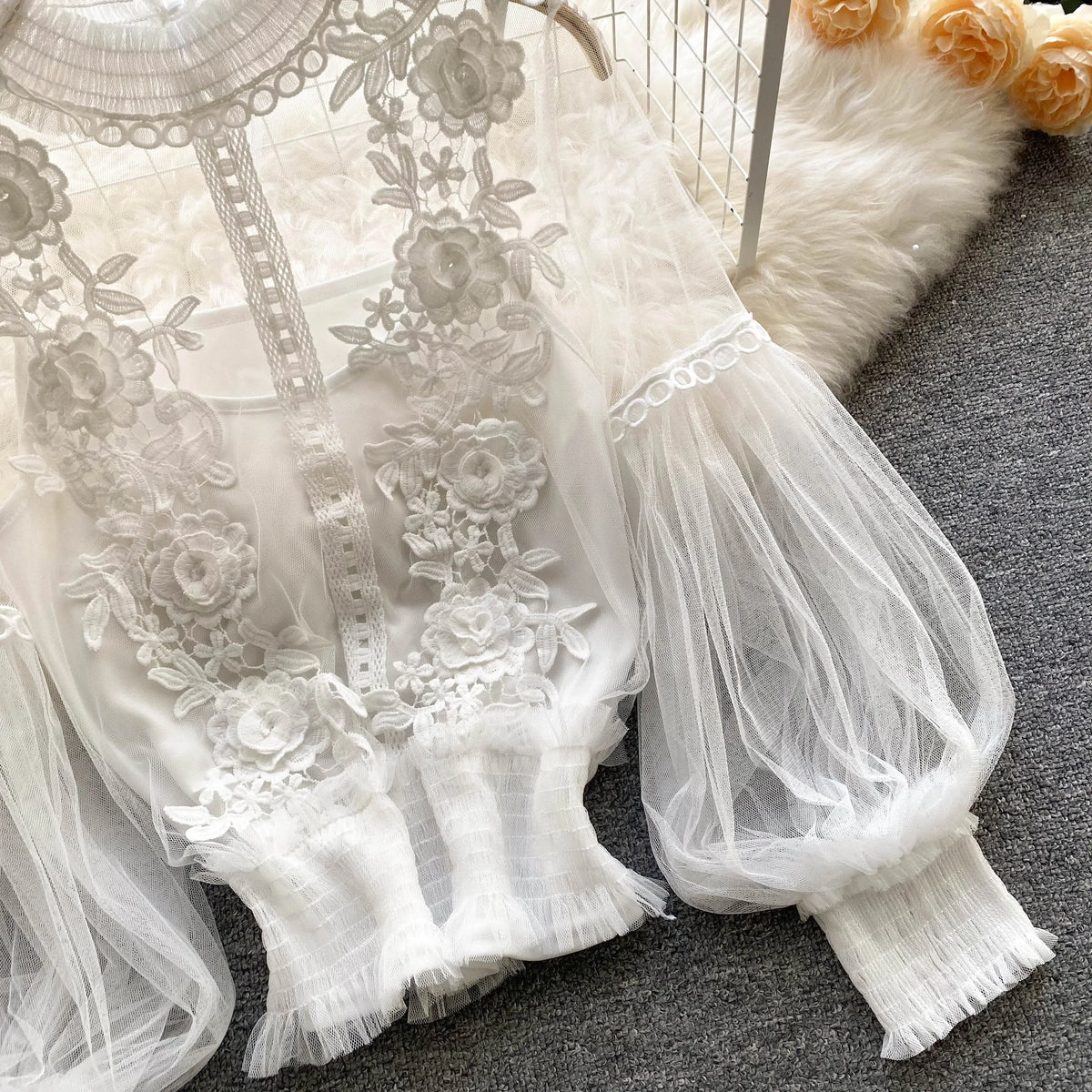 Vintage Lace Puff-Sleeve Blouse 