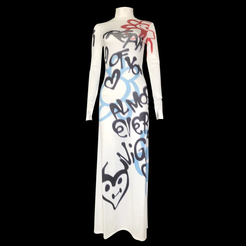 Glow Unbound LLC graffiti print turtleneck maxi dress