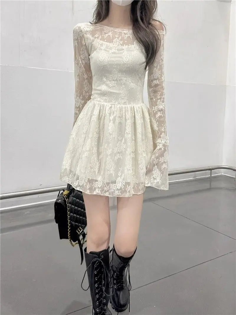 Apricot Lace Off-Shoulder Mini Dress with Flared Long Sleeves