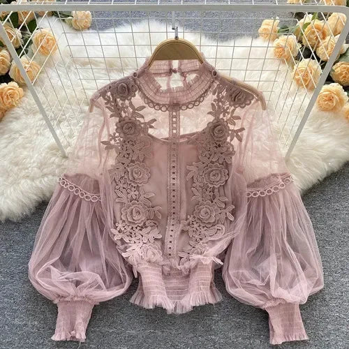 Vintage Lace Puff-Sleeve Blouse 