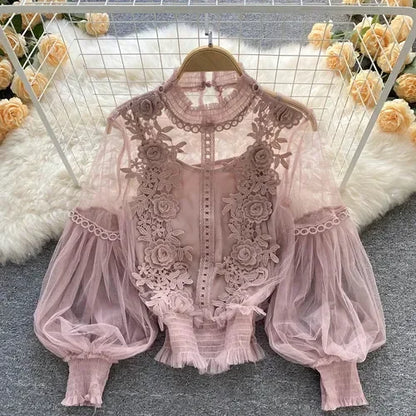 Vintage Lace Puff-Sleeve Blouse 