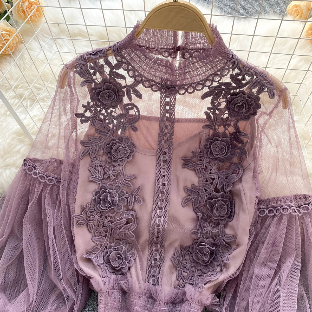 Vintage Lace Puff-Sleeve Blouse 