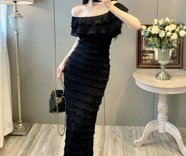 Black Off-Shoulder Draped Maxi Dress Sleeveless