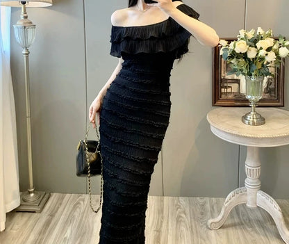 Black Off-Shoulder Draped Maxi Dress Sleeveless