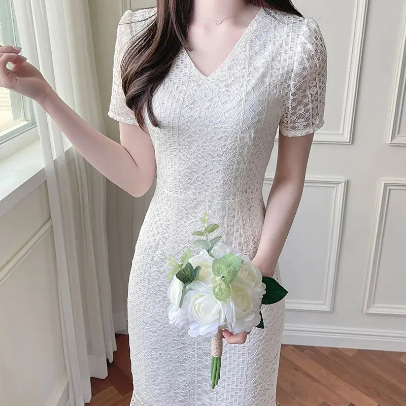 White Lace Fishtail Midi Dress, Slim Fit