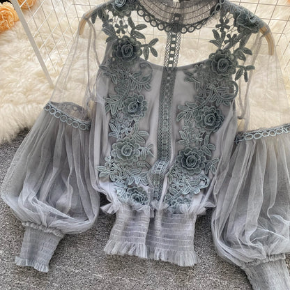 Vintage Lace Puff-Sleeve Blouse 
