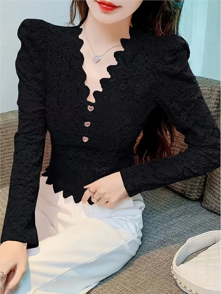 Lace-Trim V-Neck Long-Sleeve Top Slim Fit