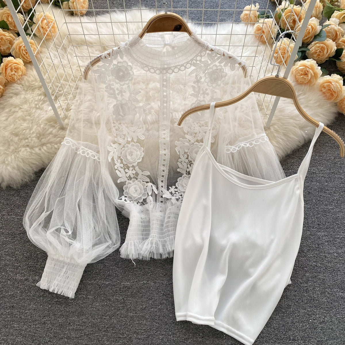 Vintage Lace Puff-Sleeve Blouse 